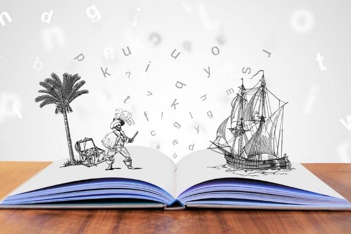 Libro abierto con letras, un barco, una isla y un caballero. Ilustran un cuento.